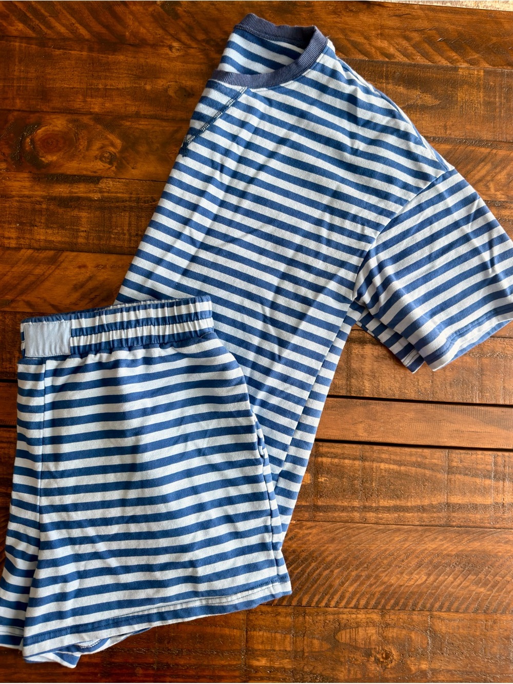 Striped Blue Women's Lounge Set - Short Sleeve Top & Shorts